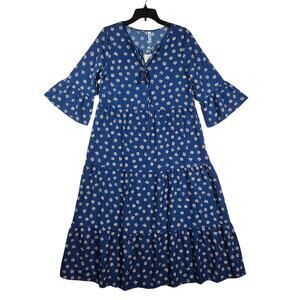 VII Show Blue Floral Tiered Maxi Dress Modest Loose Fit Womens size S